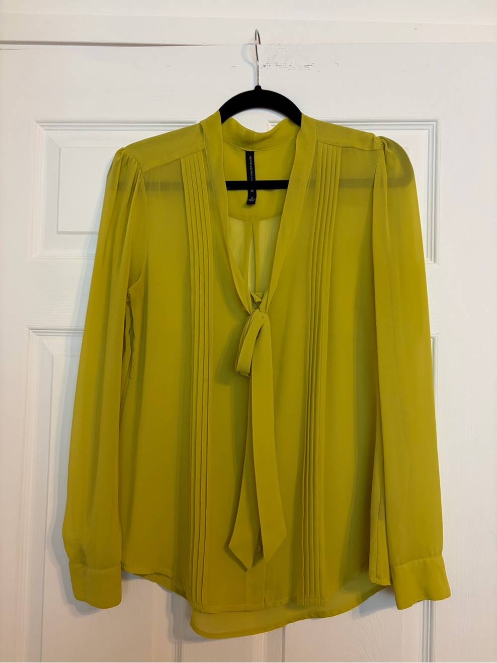 Walter Baker Chartreuse Tie-Neck Sheer Blouse